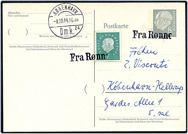 8 pfg. helsagsbrevkort opfrankeret med 7 pfg. annulleret med skibsstempel Fra Rønne og sidestemplet København d. 8.10.1964 til København.