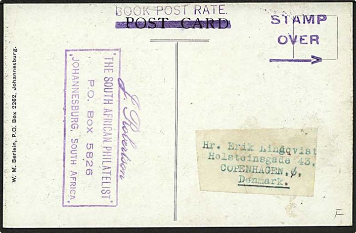 Orange Free State. ½d single på billedside af brevkort sendt som tryksag fra Johannesburg d. 21.3.1927 til København, Danmark. Sen anvendelse.