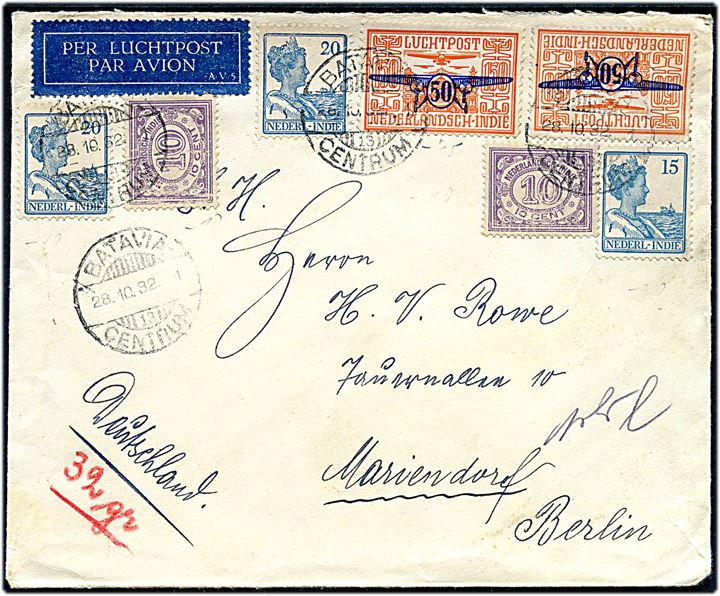 10 c. Ciffer (2), 15 c., 20 c. (2) Wilhelmina og 50/150 c. Luftpostprovisorium (2) på luftpostbrev fra Batavia d. 28.10.1932 til Mariendorf b. Berlin, Tyskland.