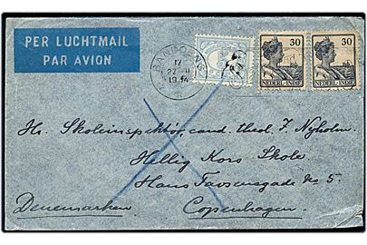 5 c. Ciffer og 30 c. Wilhelmina (2) på luftpostbrev fra Bandoeng d. 27.2.1934 til København, Danmark. På bagsiden bureau stempel København - Warnemünde T.92.