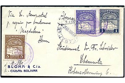 5 c., 25 c. og 1 b. Luftpost udg på indenrigs luftpostbrev fra Ciudad Bolivar til motorskibet Magdalena transit stemplet Caracas d. 29.11.1936 til Chemnitz, Tyskland.