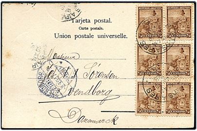 ½ c. (7) på for- og bagside af brevkort (Recuerdo del Estrecho del Magdallanes) stemplet Buenos Aires d. 10.7.1903 til Svendborg, Danmark.