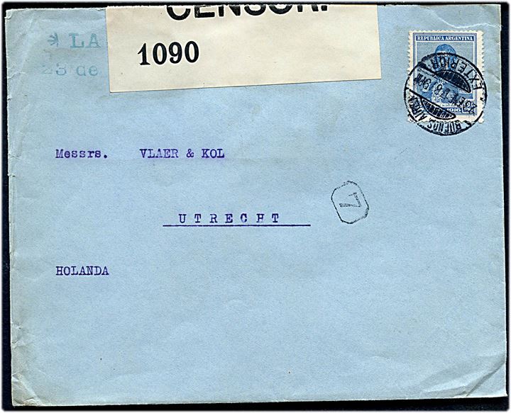 12 c. single på brev fra Buenos Aires d. 23.1.1917 til Utrecht, Holland. Grønligt privat skibsstempel La Neora 23 de Enero 1917. Åbnet af britisk censur no. 1090.