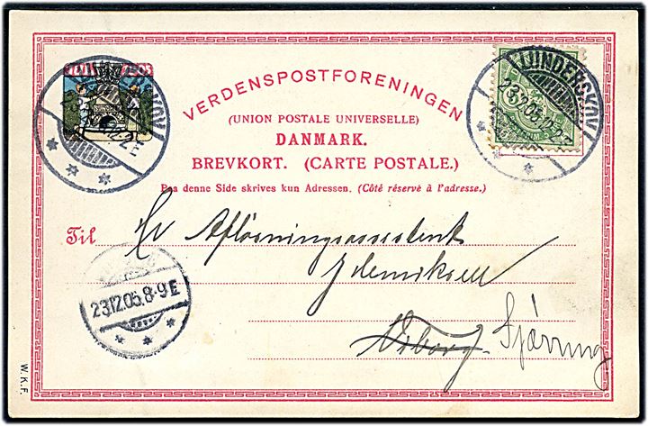 5 øre Våben på 1905 Julemærke helsagskort fra Lunderskov d. 23.12.1905 til Viborg - eftersendt til Sjørring.