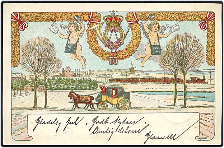 5 øre Våben på 1905 Julemærke helsagskort fra Lunderskov d. 23.12.1905 til Viborg - eftersendt til Sjørring.