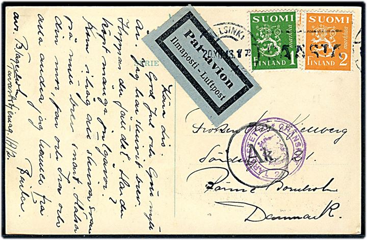 1 mk. og 2 mk. Løve på luftpost brevkort fra Helsinki d. 20.12.1943 til Rønne, Bornholm, Danmark. Dobbeltcensureret med både dansk og finsk censur.