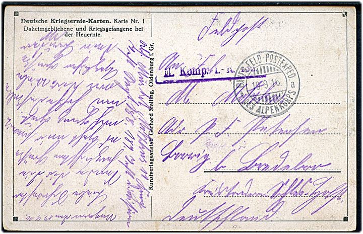 Ufrankeret feltpostkort stemplet Bayer.-Feld-Postexped. * des Alpenkorps a d. 19.9.1916 fra soldat ved 188 inf. Rgt. til Bredebro i Sønderjylland.