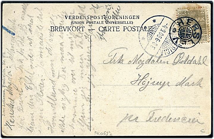 3 øre Bølgelinie på lokalt brevkort (Herslev Brugsforening) annulleret med stjernestempel HERSLEV og sidestemplet Fredericia d. 4.9.1909 til Højrup Mark pr. Fredericia.
