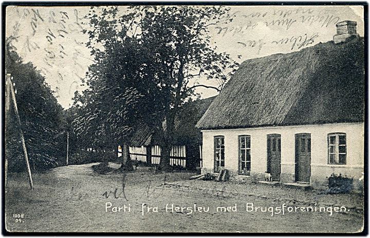 3 øre Bølgelinie på lokalt brevkort (Herslev Brugsforening) annulleret med stjernestempel HERSLEV og sidestemplet Fredericia d. 4.9.1909 til Højrup Mark pr. Fredericia.