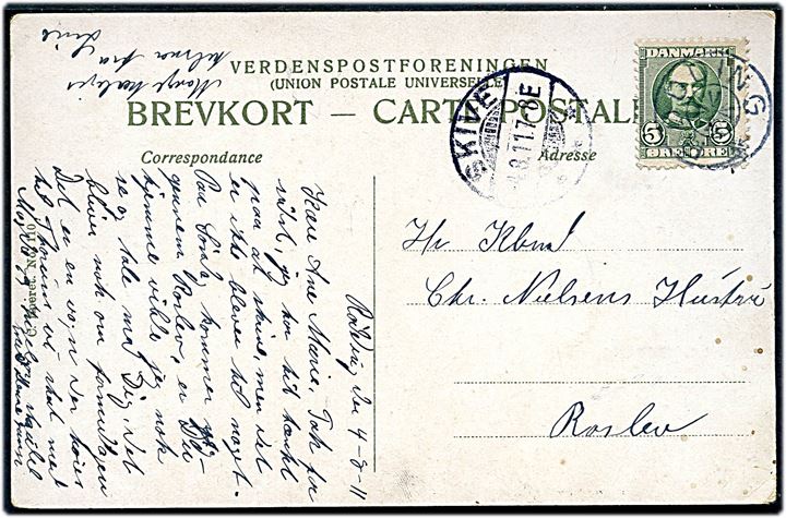 5 øre Fr. VIII på brevkort annulleret med stjernestempel RØDDING og sidestemplet Skive d. 4.8.1911 til Roslev.