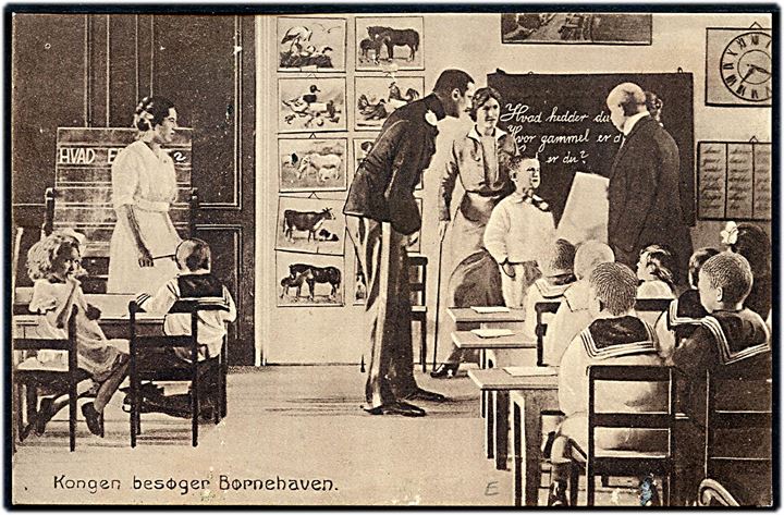 5 øre Chr. X og Julemærke 1915 på brevkort (Chr. X besøger børnehave for døvstumme) annulleret med brotype IIIb Skanderborg JB.P.E. d. 24.12.1915 til Fredericia.