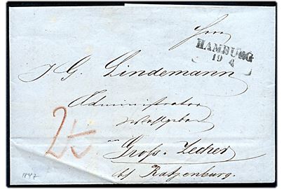 1847. Portobrev med fuldt indhold fra Hamburg med stempel Hamburg 19.4. til Gross Zecher b. Ratzeburg.