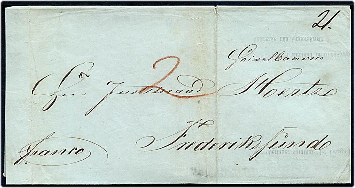1848. Francobrev påskrevet Franco med grønligt antiqua Kjøbenhavn d. 7.8.1848 til Frederikssund. Påskrevet 2 sk. med rødkridt. Fuldt indhold.
