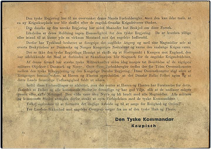 OPROP! Til Danmarks Soldater og Danmarks Folk!. Flyveblad fra den tyske kommandør Kaupisch nedkastet over Danmark i forbindelse med den tyske besættelse d. 9.4.1940. Formular 4a.