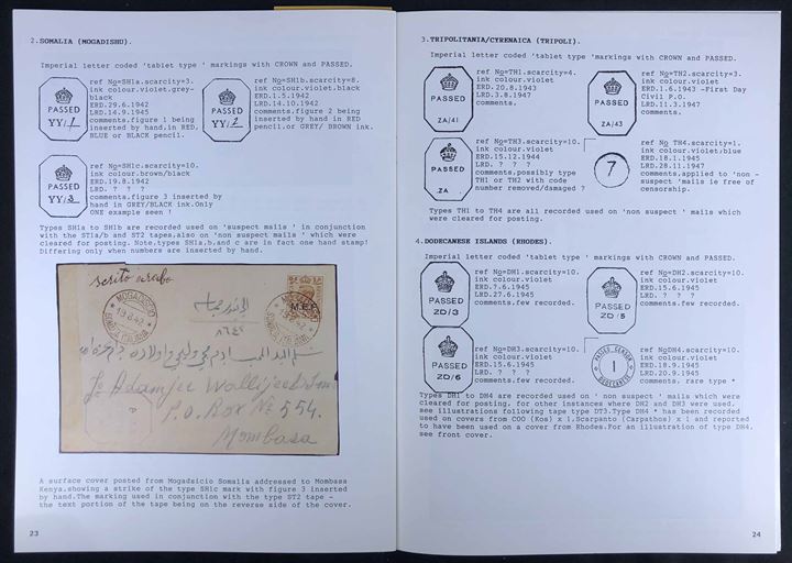 Civil Censorship 1942-1947 a listing of the recorded censorship tapes & hand stamps. A. Tregurtha. The British Occupation of the former Italian Colonies Study Paper no. 4. Illustreret 27 sider.