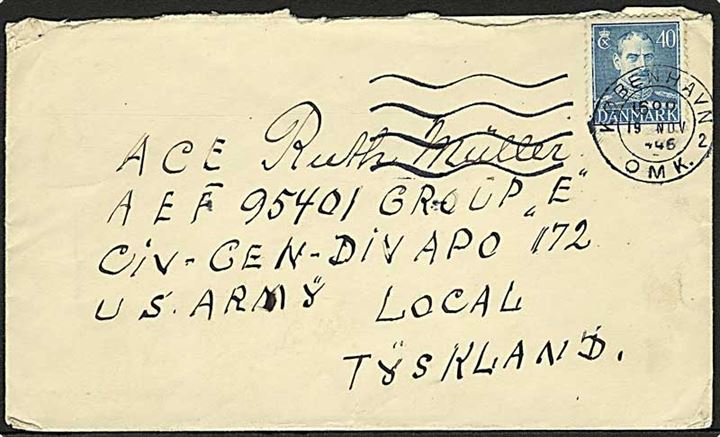 40 øre Chr. X på brev fra København d. 19.11.1946 til dansk kvindelig censor ved Group E, Civil Censorship Division APO 172 (= Augsburg) Tyskland.