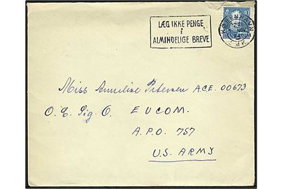40 øre Chr. X på brev fra København d. 3.11.1946 til dansk kvinde ved O.C.Sig.O.EUCOM, APO 757 (= Frankfurt), Tyskland.