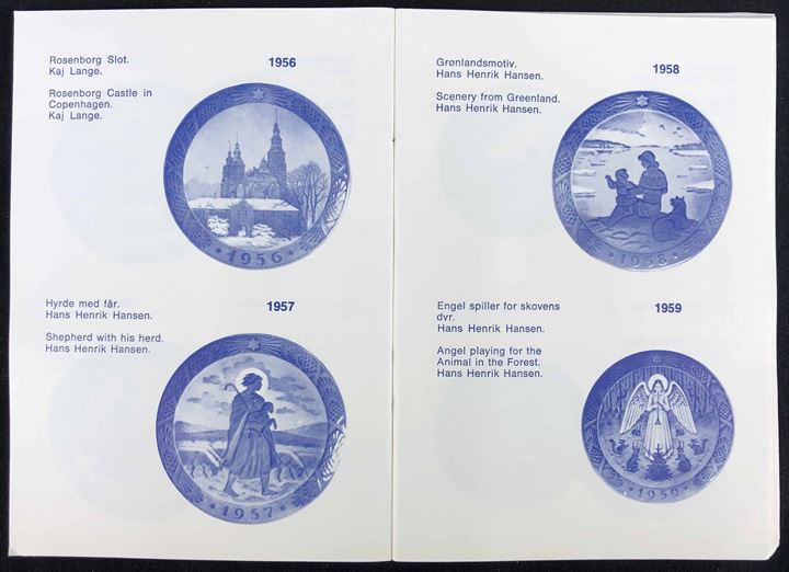 Den kongelige Porcelainsfabrik Juleplatter 1908-1972, illustreret katalog og prisliste. Tekst på både dansk og engelsk.