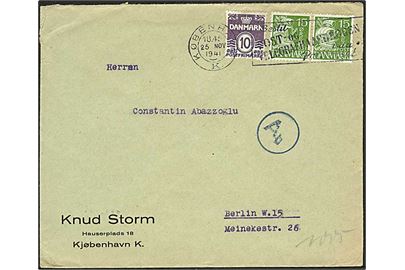 10 øre Bølgelinie og 15 øre Karavel (2) på brev fra København d. 25.11.1941 til Berlin, Tyskland. Berlin censur.