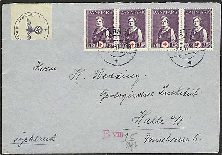 10+5 øre Røde Kors (4) på brev fra Aarhus d. 10.5.1941 til Halle, Tyskland. Åbnet af tysk censur i Hamburg.
