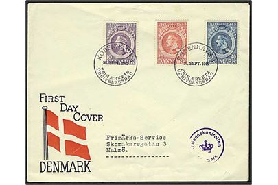Komplet sæt Chr. X 75 år på FDC fra København d. 26.9.1945 til Malmö, Sverige. Vanskeligt censurstempel: Udlandspostkontrollen / (krone) / Danmark.
