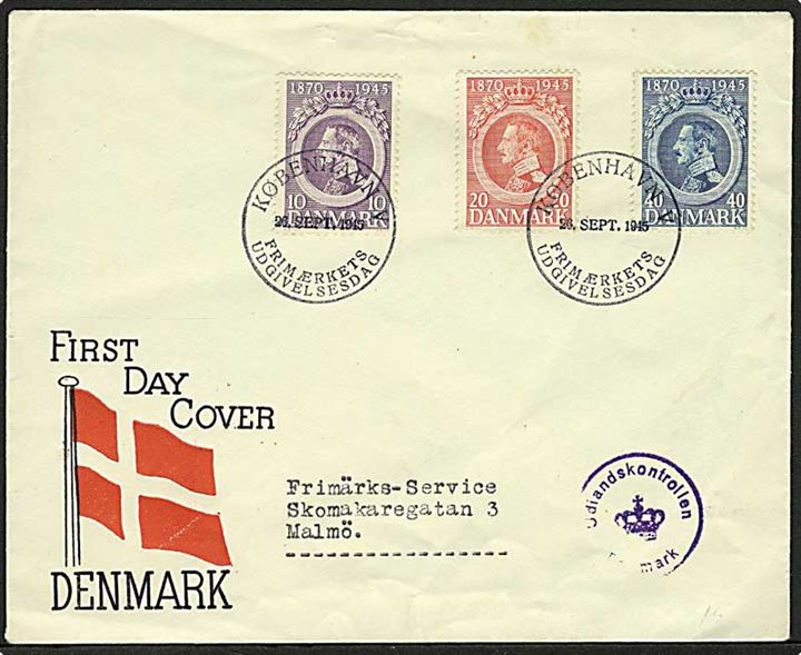 Komplet sæt Chr. X 75 år på FDC fra København d. 26.9.1945 til Malmö, Sverige. Vanskeligt censurstempel: Udlandspostkontrollen / (krone) / Danmark.
