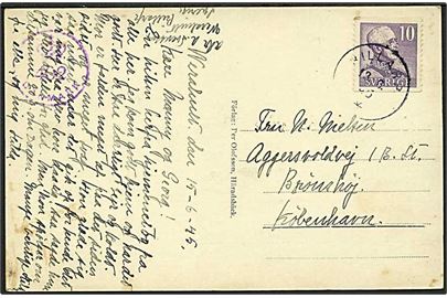 10 öre Gustaf på brevkort fra Billarp d. 13.6.1945 til København, Danmark. Dansk efterkrigscensur med stempel (krone)/402/Danmark.