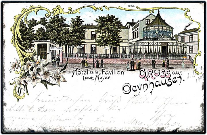 Oeynhausen, Gruss aus med Hotel zum Pavillon. U/no.