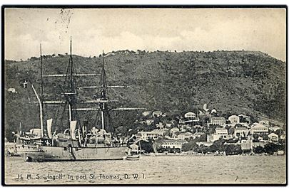 D.V.I., St. Thomas, havn med stationsskibet H.M.S. Ingolf. Lightbourn u/no. Frankeret med 5 bit Fr. VIII i parstykke fra St. Thomas d. 12.3.1909 til Paris, Frankrig.