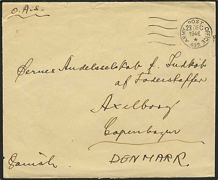 Ufrankeret britisk feltpostbrev stemplet Army Post Office 432 (= Hamburg) d. 23.12.1946 til København, Danmark. Fra dansk censor ved 3. District Censorship Station.
