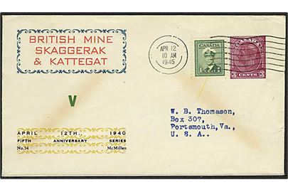 Canadisj 3 cents helsagskuvert med tiltryk: British Mine Skaggerak & Kattegat annulleret med stumt stempel d. 12.4.1945 til Portsmouth, USA.