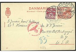 20 øre Kæmpehøj helsagsbrevkort (fabr. 127) opfrankeret med 5 øre Bølgelinie fra Horsens d. 14.8.1940 til Richmond, USA. Tysk censur fra Berlin.