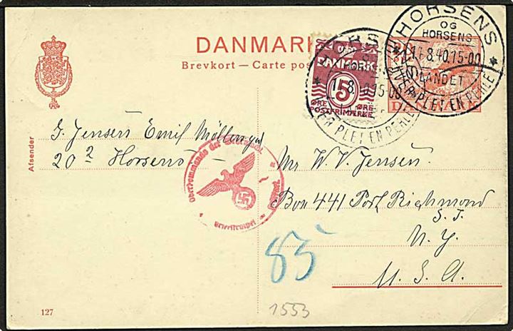 20 øre Kæmpehøj helsagsbrevkort (fabr. 127) opfrankeret med 5 øre Bølgelinie fra Horsens d. 14.8.1940 til Richmond, USA. Tysk censur fra Berlin.