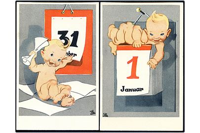 Illa Winkelhorn: Nytårskort med baby og hhv. 31. December og 1. Januar. Stenders serie 588.