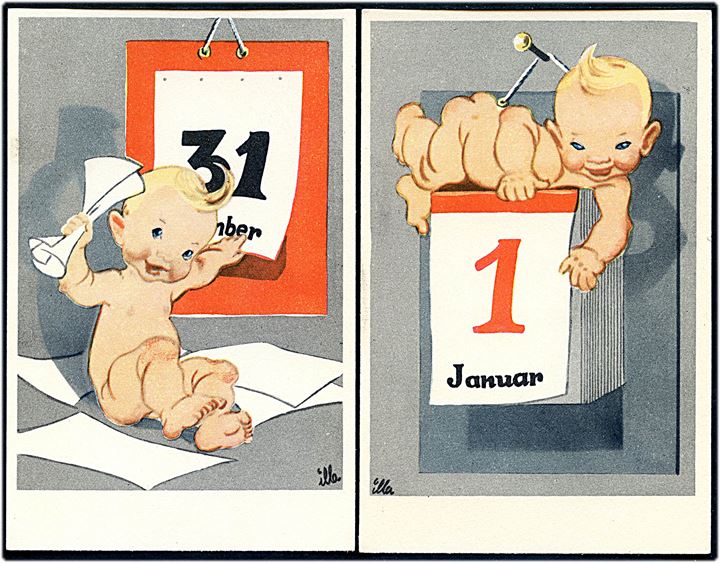 Illa Winkelhorn: Nytårskort med baby og hhv. 31. December og 1. Januar. Stenders serie 588.