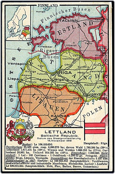 Letland og øvrige baltiske lande. postkort med landkort.