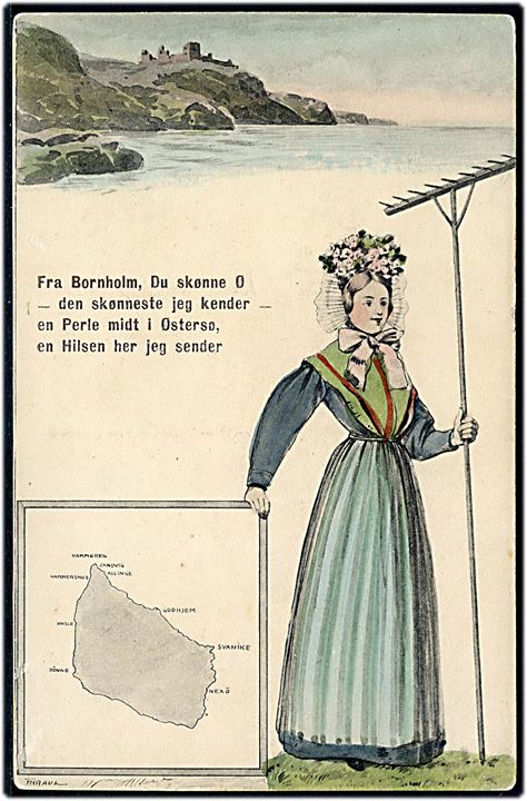 Fritz Kraul: Bornholm og kvinde i egnsdragt. Stenders no. 24863