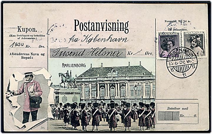 Købh., Postanvisning-hilsen med billede af Amalienborg. A. Vincent no. 4050.