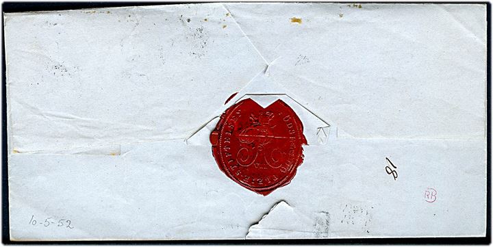4 R.B.S. Ferslew på brev annulleret med stumt stempel og sidestemplet både kompasstempel Kjøbenhavn d. 10.5.1852 og antiqua d. 11.5.1852 til Frederiksborg. På bagsiden laksegl fra Födsels- og Pleie Stiftelsen. Rift i underkant.