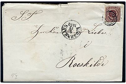 4 R.B.S. Thiele I på brev annulleret med nr.stempel 1 og sidestemplet antiqua Kiøbenhavn d. 6.12.1852 til Kancelliraad Liebe i Roskilde.