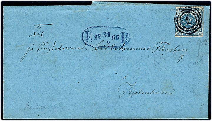 2 sk. 1855 udg. (beklippet) på fodpostbrev i Kjøbenhavn annulleret med nr.stempel 1 og sidestemplet F:P: d. 21.6.1865 til Justitsraad Birkedommer Flensborg i Kjøbenhavn.