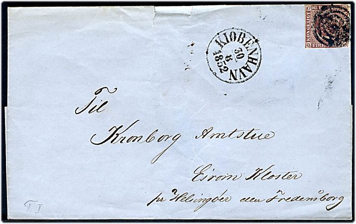 4 R.B.S. Thiele I på brev annulleret med uldent stumt stempel og sidestemplet antiqua Kiøbenhavn d. 30.8.1852 til Kronborg Amtstue, Esrom Kloster pr. Helsingør eller Fredensborg.