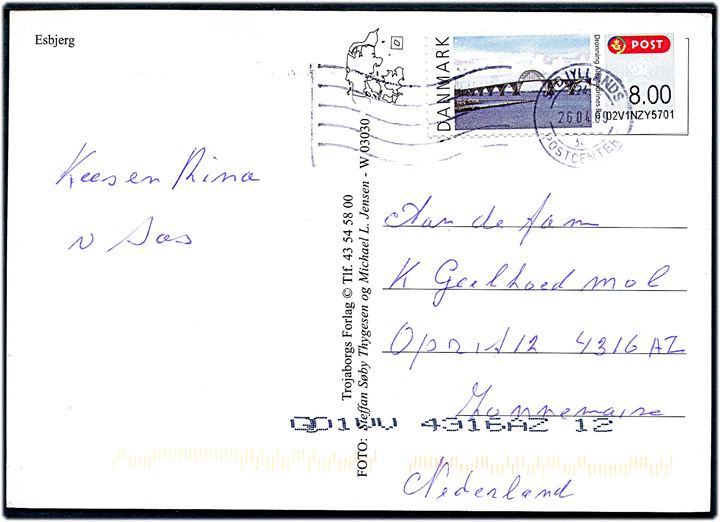 8 kr. Dronning Alexandrines Bro på brevkort fra Esbjerg annulleret Sydjyllands Postcenter d. 26.4.2009 til Holland.