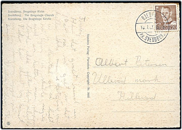 20 øre Fr. IX på brevkort annulleret med pr.-stempel Bjerreby pr. Svendborg d. 10.7.1955 til Hillerød.