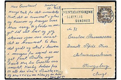 25 øre Fr. IX på brevkort annulleret med TMS Mentalhygiejne - Sjælelig Sundhed/København OMK. d. 10.5.1963 til Dansk Røde Kors Astmasanatorium i Kongsberg, Norge.