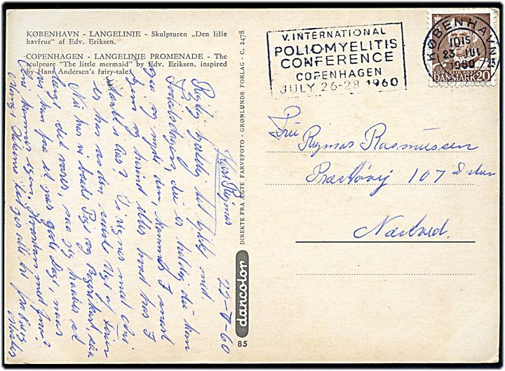 20 øre Fr. IX på brevkort annulleret med TMS V. International Poliomyelitis Conference Copenhagen July 26-20 1960/København OMK 23 d. 23.7.1960 til Næstved.