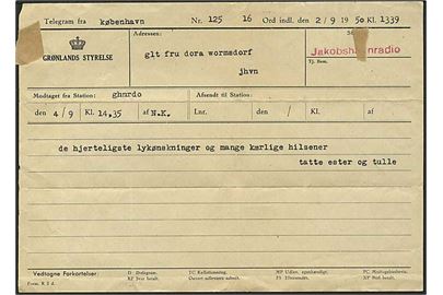 Grønlands Styrelse telegramformular fra Jakobshavn radio d. 2.9.1950.