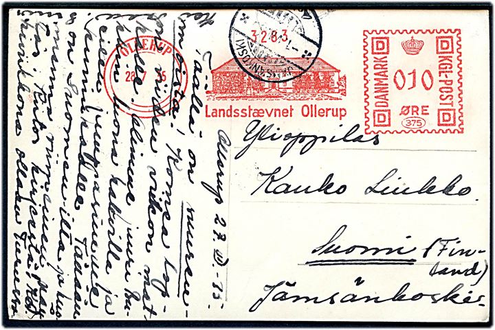 10 øre frankostempel frankeret brevkort (Teltlejr ved Landsstævnet) Landsstævnet Ollerup / Ollerup d. 28.7.1935 til Jämsänkoski, Finland. Lille rift i toppen.