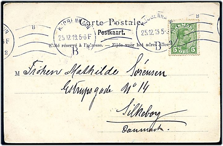 5 øre Chr. X på brevkort (Havneparti fra Petrograd) dateret Petrograd Julen 1916 og annulleret Kjøbenhavn d. 25.12.1916 til Silkeborg. Sendt med kurer fra Rusland og først postlagt i København.