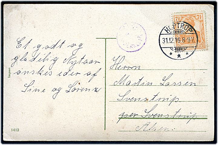 7½ pfg. Germania på nytårskort stemplet Hoptrup *** d. 31.12.1916 til Svenstrup på Als. Violet censur Ü.K. Hadersleben.